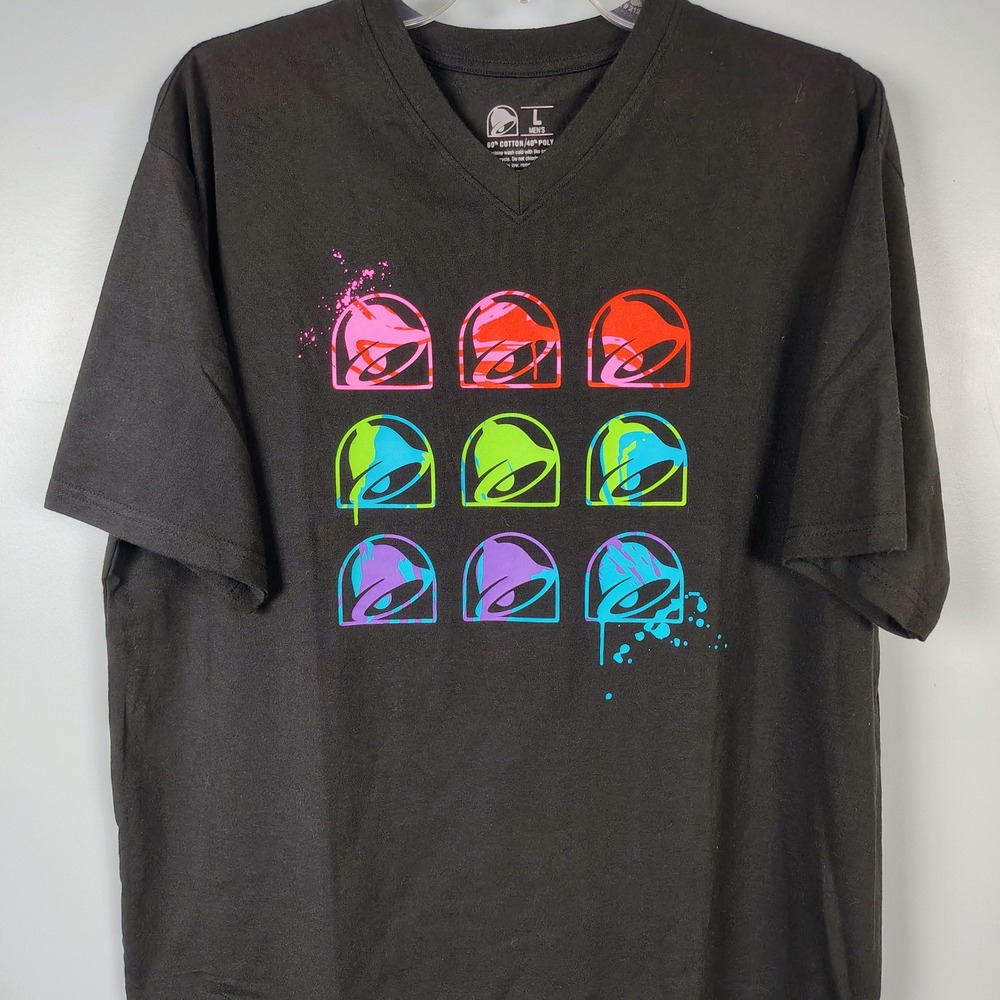 Taco Bell Mens L Neon Splatter Logo V-Neck T-Shirt Black Cotton Blend Retro 90s